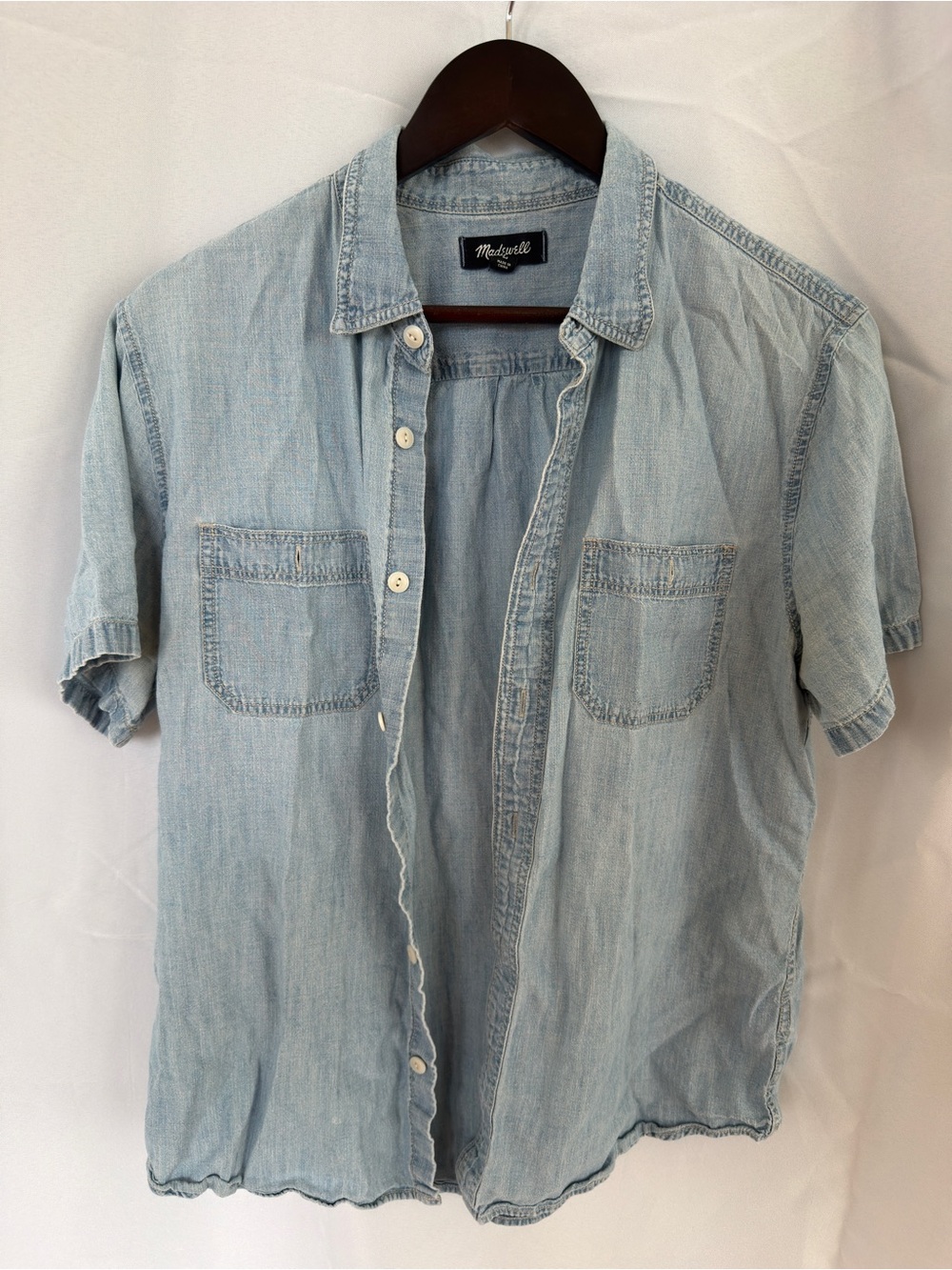 Madewell Men's Chambray Short Sleeve Button Down Shirt Light Wash Cotton, Medium - Picture 7 of 7